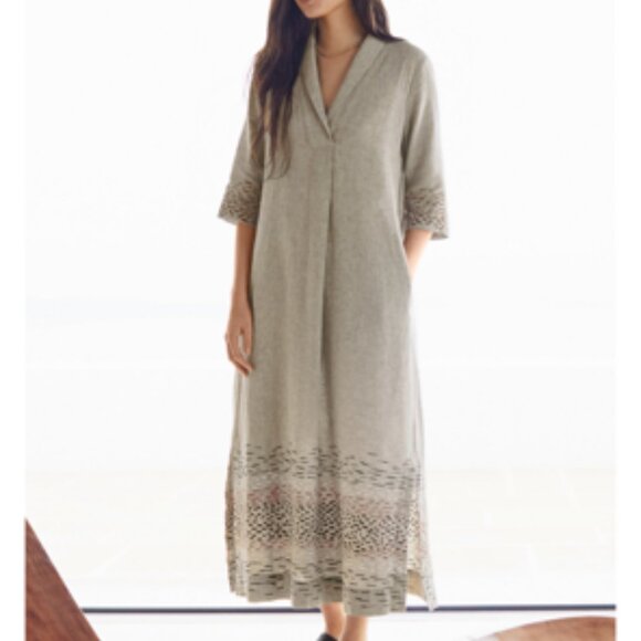 Poetry Embroidered Linen Lagenlook Maxi Dress Caftan Shawl Collar Size 12 - Picture 11 of 11